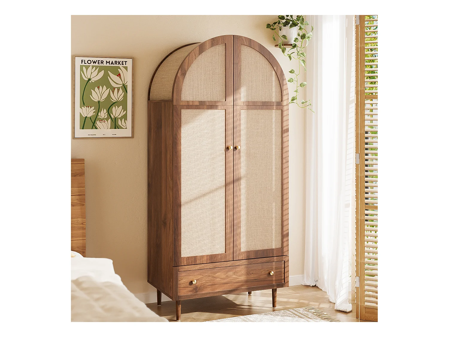 Armoire haute avec portes et tiroir - 79 x 50 x 175 cm - avec porte-manteau + rangement - MDF - naturel