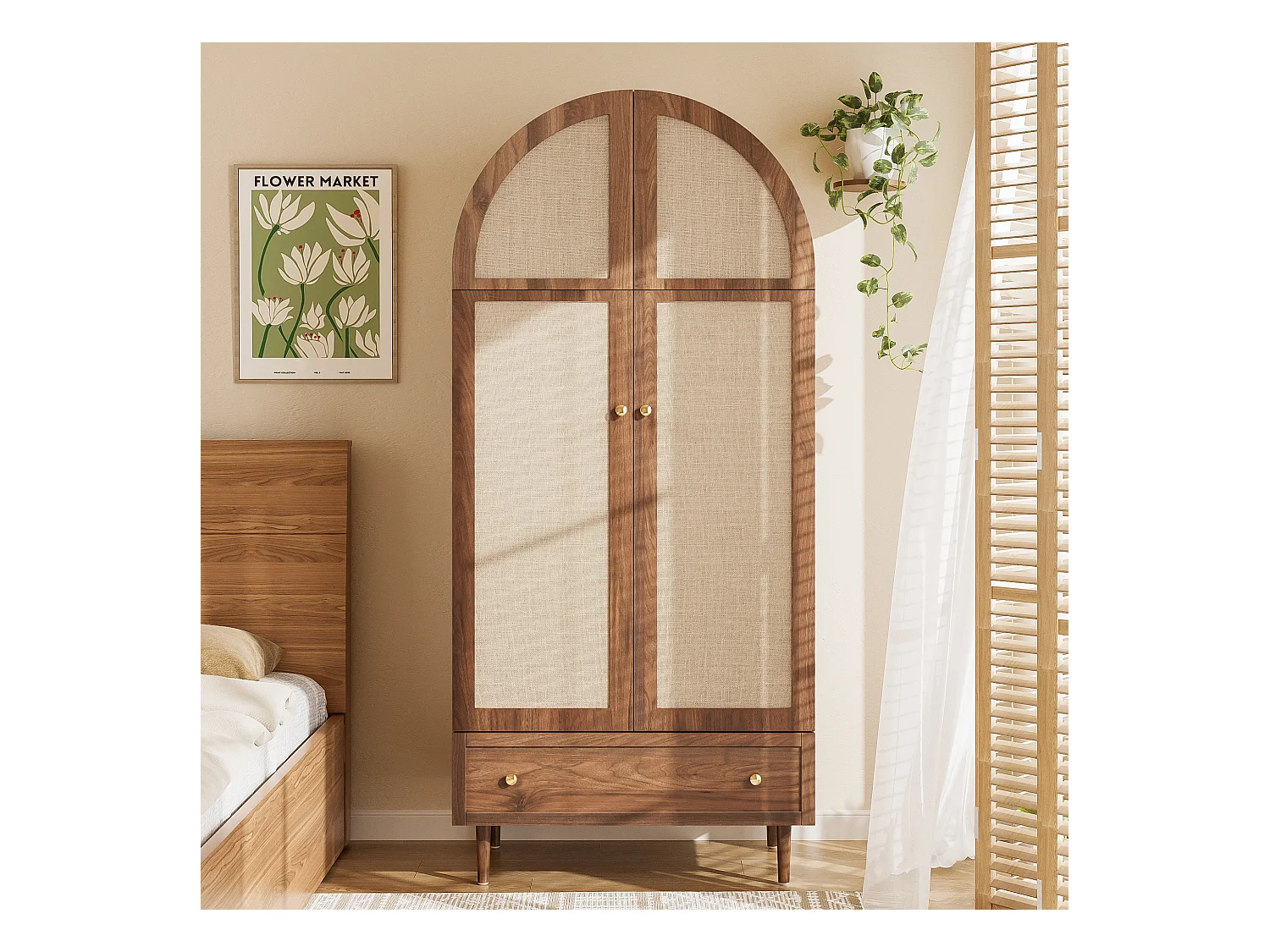 Armoire haute avec portes et tiroir - 79 x 50 x 175 cm - avec porte-manteau + rangement - MDF - naturel