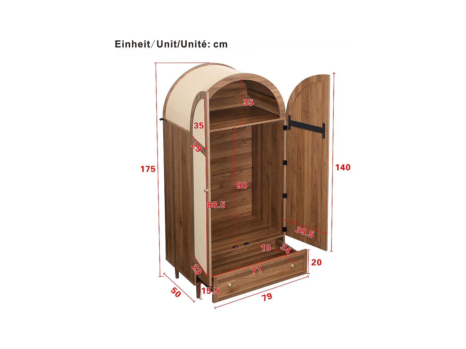Armoire haute avec portes et tiroir - 79 x 50 x 175 cm - avec porte-manteau + rangement - MDF - naturel