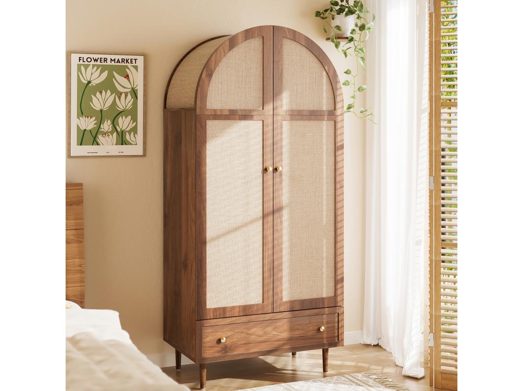 Armário alto com portas e gaveta - 79 x 50 x 175 cm - com cabideiro + arrumação - MDF - natural