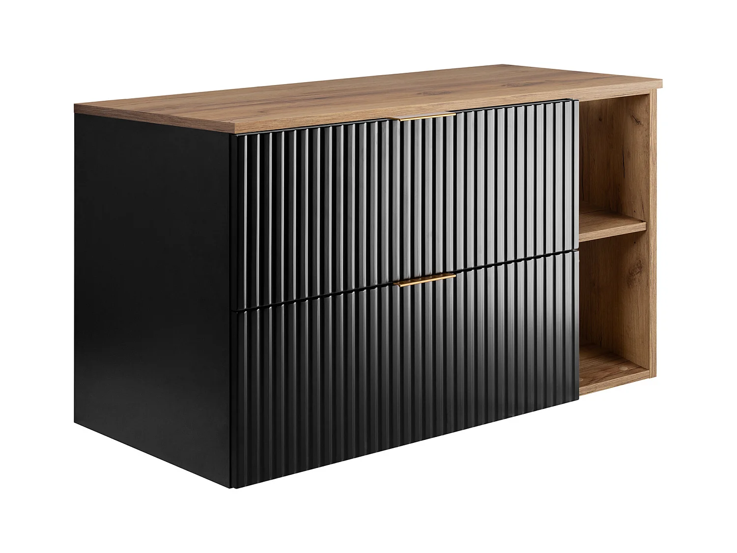 Meuble sous vasque FLOW 100 cm cachemire avec plan et étagère chêne craft doré, surface cannelée