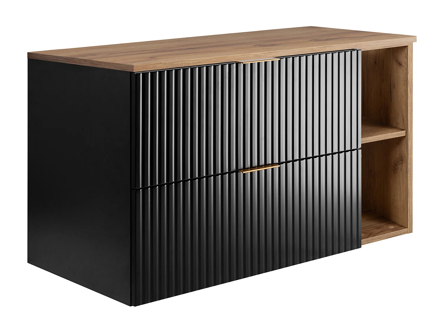 Meuble sous vasque FLOW 100 cm cachemire avec plan et étagère chêne craft doré, surface cannelée