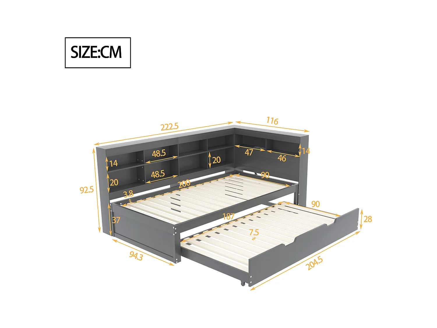 Hoogslaper 140x200 cm, 3-laags plank, bureau, kledingkast, veilige ladder, opbergruimte, metaal, zwart (252x147,5x178,5 cm)