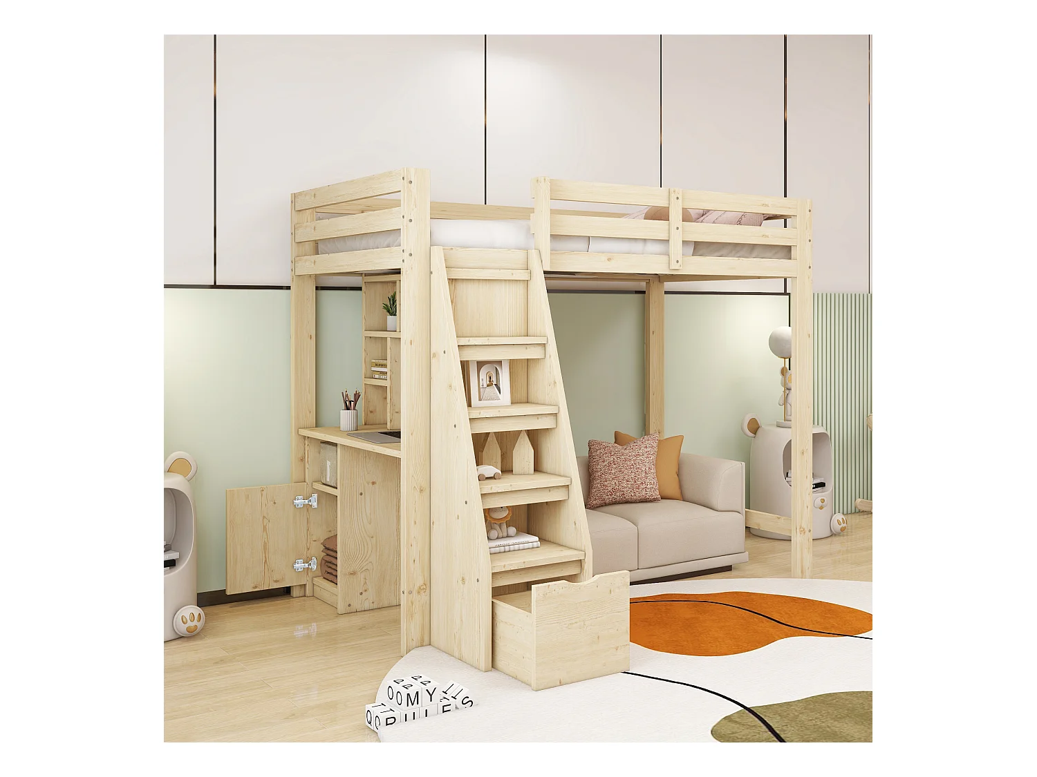 Letto a soppalco 90 x 200 cm con scrivania, ripiani e contenitore, scala di sicurezza con cassetti, struttura in legno naturale (205 x 126 x 180 cm)