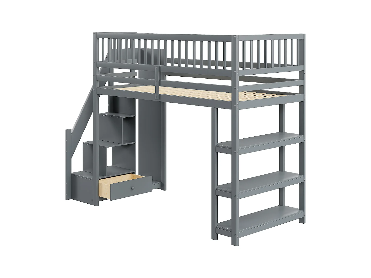 Lit mezzanine 90x200 cm, échelle de sécurité verticale, étagères et tiroirs, design à haute clôture, cadre en bois, blanc (245.5x101x159.5 cm)