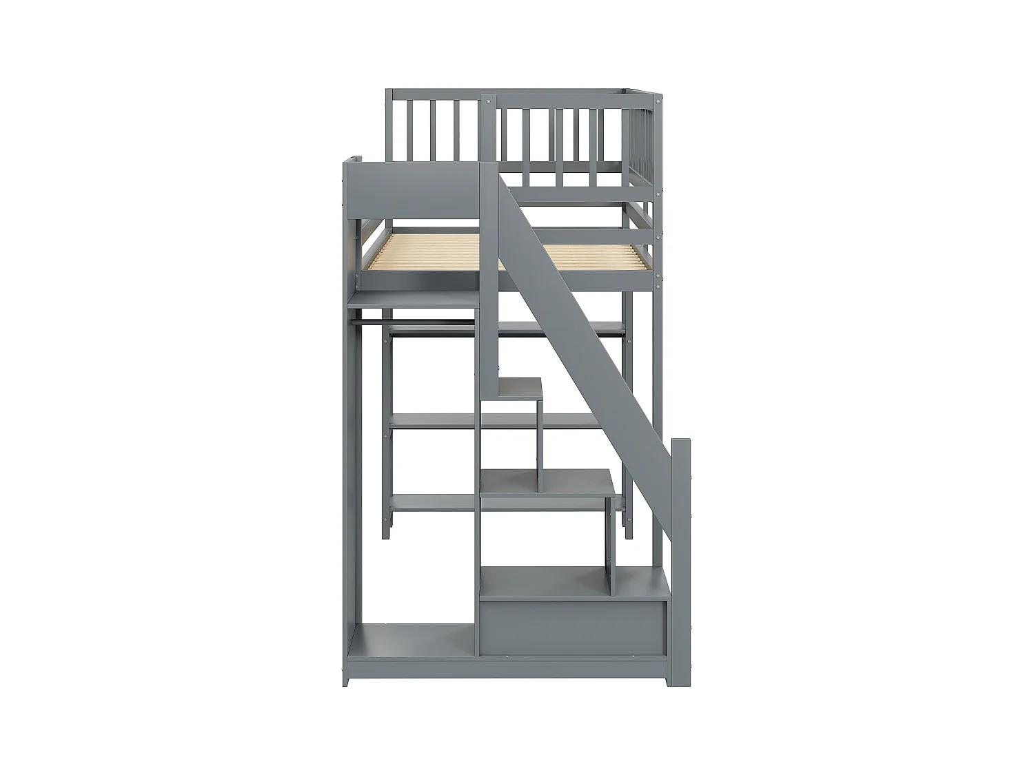 Lit mezzanine 90x200 cm, échelle de sécurité verticale, étagères et tiroirs, design à haute clôture, cadre en bois, blanc (245.5x101x159.5 cm)