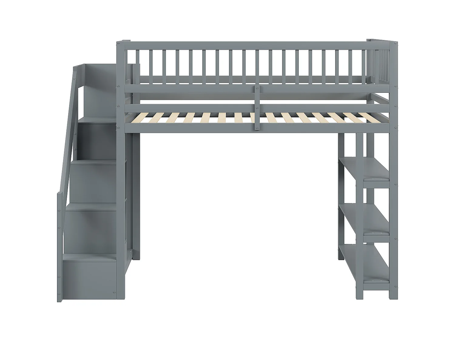 Lit mezzanine 90x200 cm, échelle de sécurité verticale, étagères et tiroirs, design à haute clôture, cadre en bois, blanc (245.5x101x159.5 cm)