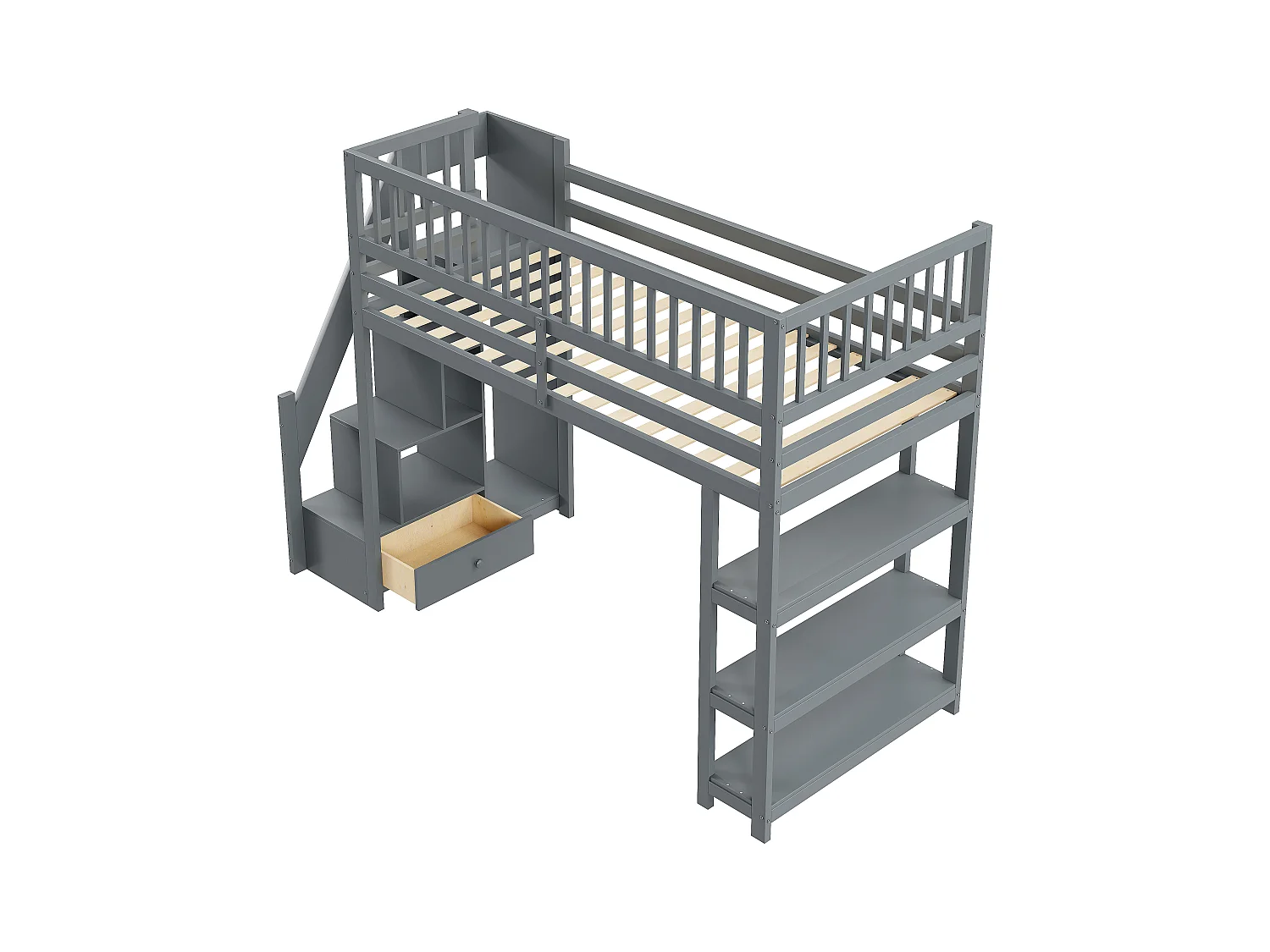 Lit mezzanine 90x200 cm, échelle de sécurité verticale, étagères et tiroirs, design à haute clôture, cadre en bois, blanc (245.5x101x159.5 cm)