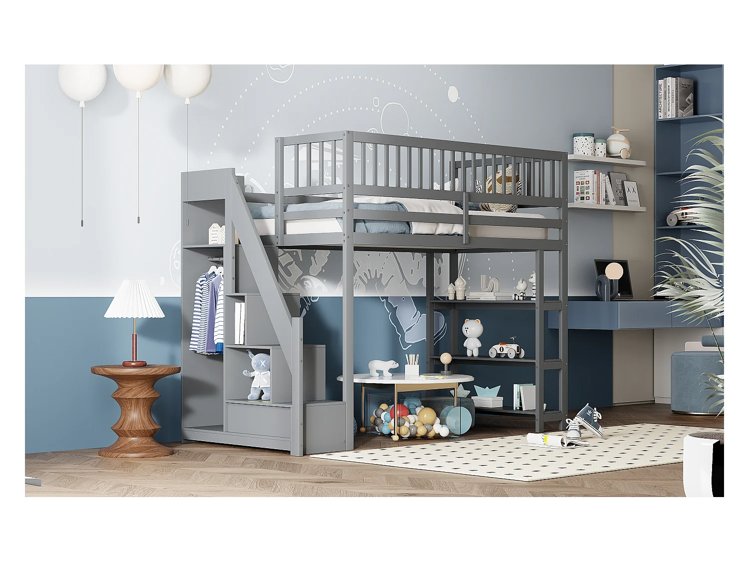 Lit mezzanine 90x200 cm, échelle de sécurité verticale, étagères et tiroirs, design à haute clôture, cadre en bois, blanc (245.5x101x159.5 cm)