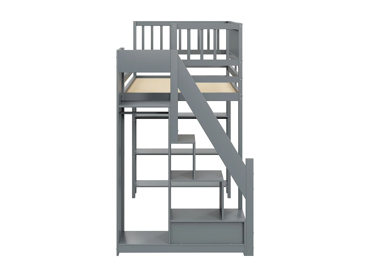 Lit mezzanine 90x200 cm, échelle de sécurité verticale, étagères et tiroirs, design à haute clôture, cadre en bois, blanc (245.5x101x159.5 cm)