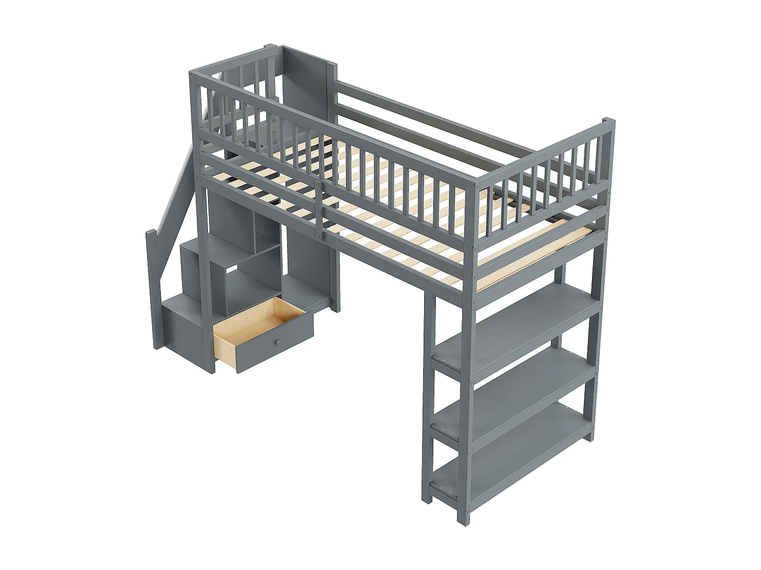 Lit mezzanine 90x200 cm, échelle de sécurité verticale, étagères et tiroirs, design à haute clôture, cadre en bois, blanc (245.5x101x159.5 cm)