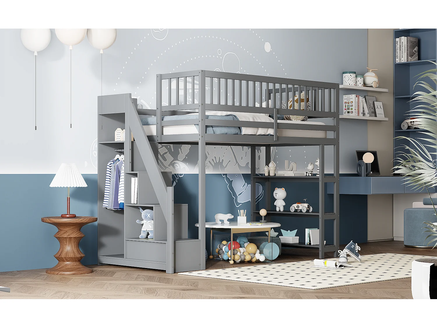 Lit mezzanine 90x200 cm, échelle de sécurité verticale, étagères et tiroirs, design à haute clôture, cadre en bois, blanc (245.5x101x159.5 cm)