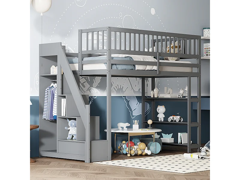 Lit mezzanine 90x200 cm, échelle de sécurité verticale, étagères et tiroirs, design à haute clôture, cadre en bois, blanc (245.5x101x159.5 cm)