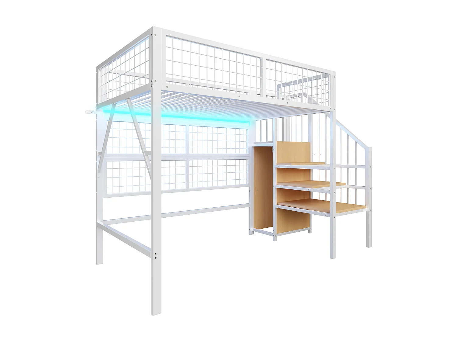 Hoogslaper van metaal, 90x200 cm, met app-gestuurde led-verlichting, ladder met opbergruimte, open kledingkast, zwart-wit (255x95x170 cm)