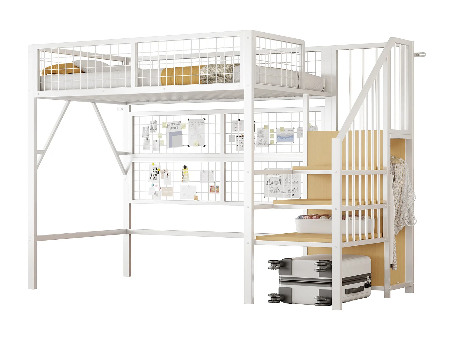 Hoogslaper van metaal, 90x200 cm, met app-gestuurde led-verlichting, ladder met opbergruimte, open kledingkast, zwart-wit (255x95x170 cm)