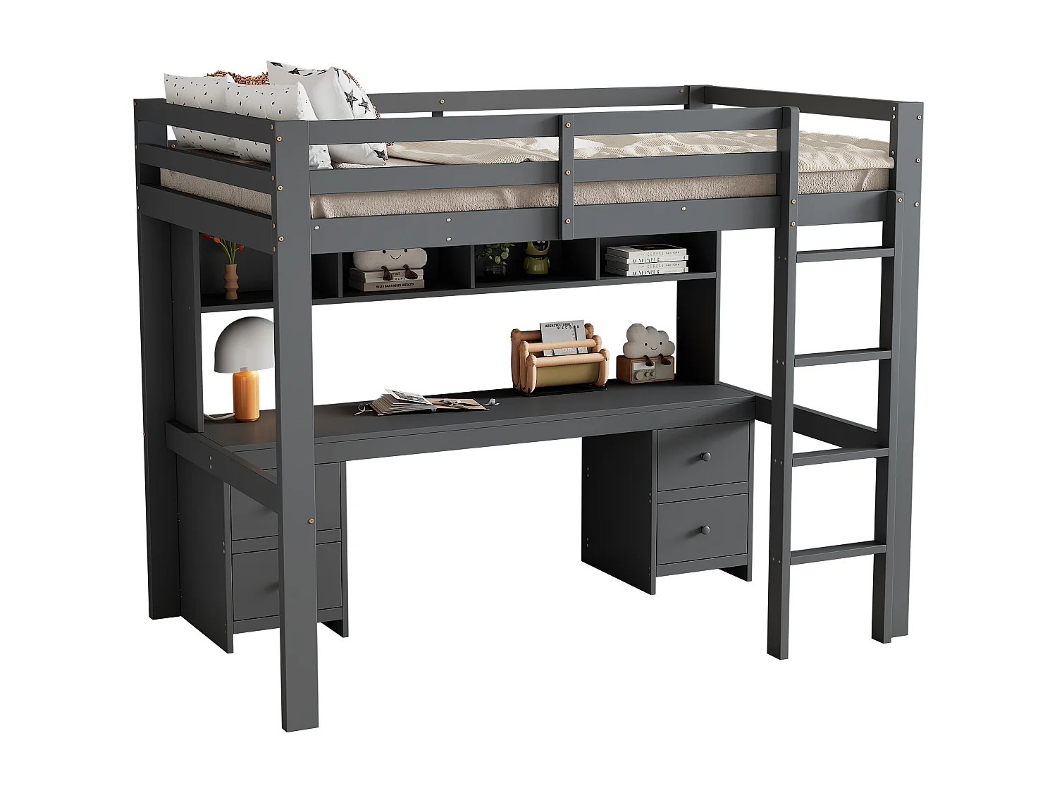 Hoogslaper 90x200cm, met bureau, veel opbergruimte, hoge leuning, stabiele ladder, grijs (204x97x167 cm)