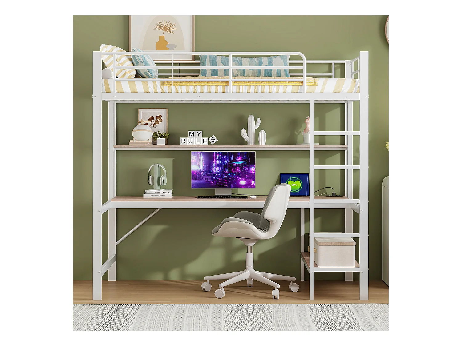 Letto a soppalco con scrivania, LED, porte USB, cassetto portaoggetti, struttura in metallo, 90x200 cm, bianco