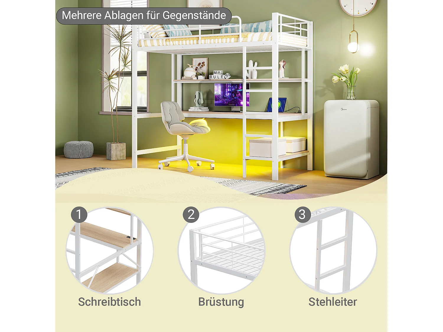 Letto a soppalco con scrivania, LED, porte USB, cassetto portaoggetti, struttura in metallo, 90x200 cm, bianco