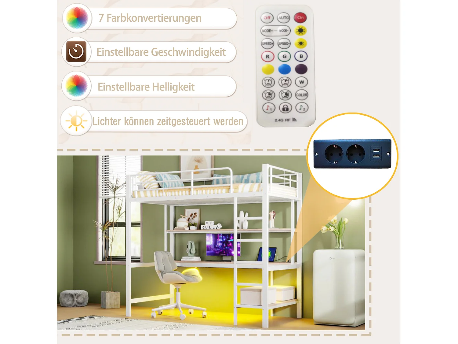 Hoogslaper met bureau, LED, USB-poorten, opberglade, metalen frame, 90x200 cm, wit