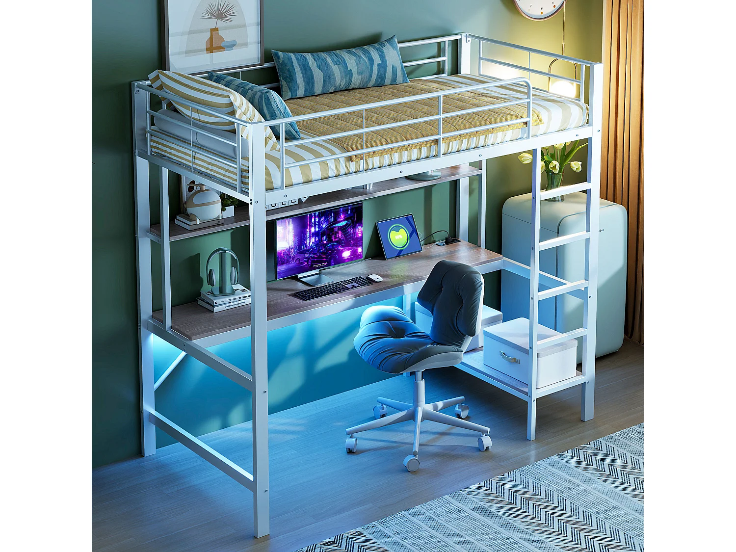 Hoogslaper met bureau, LED, USB-poorten, opberglade, metalen frame, 90x200 cm, wit