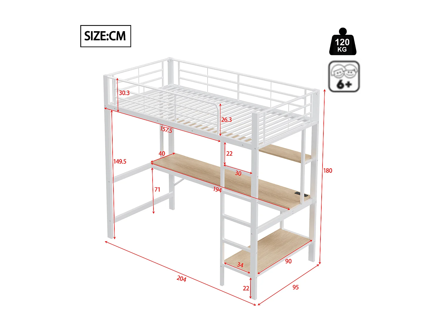 Hoogslaper met bureau, LED, USB-poorten, opberglade, metalen frame, 90x200 cm, wit