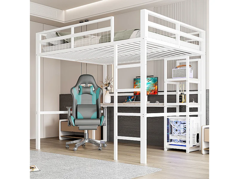 Lit mezzanine 140x200 cm avec bureau, étagères, prise USB Type-C, cadre en métal, blanc (204x144x180 cm)