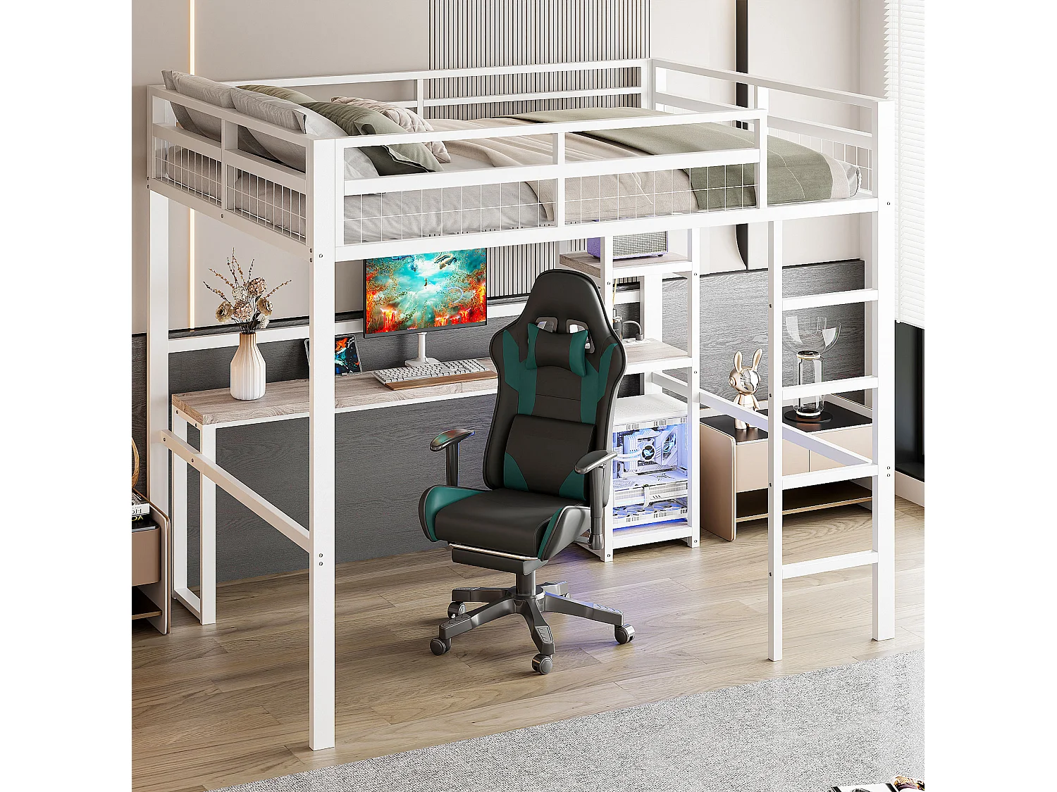 Lit mezzanine 140x200 cm avec bureau, étagères, prise USB Type-C, cadre en métal, blanc (204x144x180 cm)