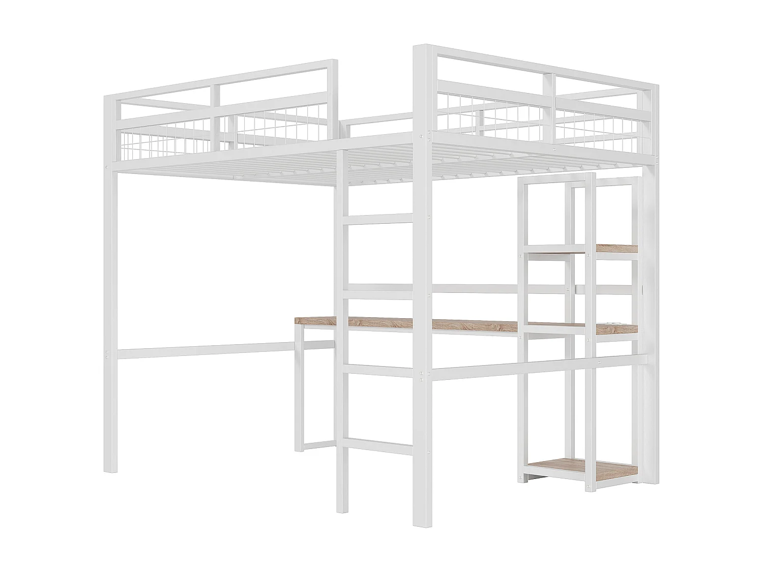 Lit mezzanine 140x200 cm avec bureau, étagères, prise USB Type-C, cadre en métal, blanc (204x144x180 cm)