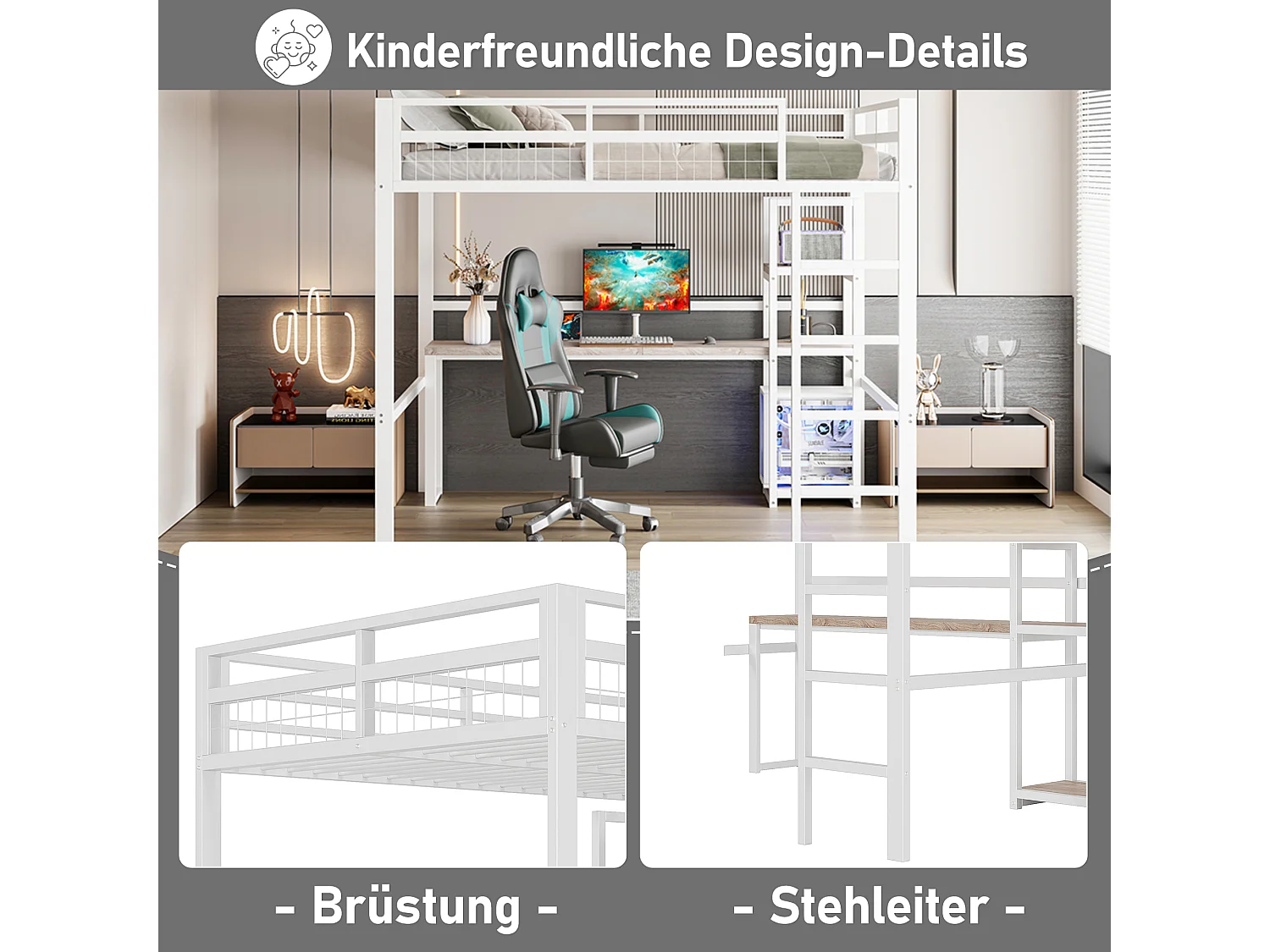 Cama alta de 140x200 cm con escritorio, estantes, toma USB tipo C, estructura de metal, color blanco (204x144x180 cm)