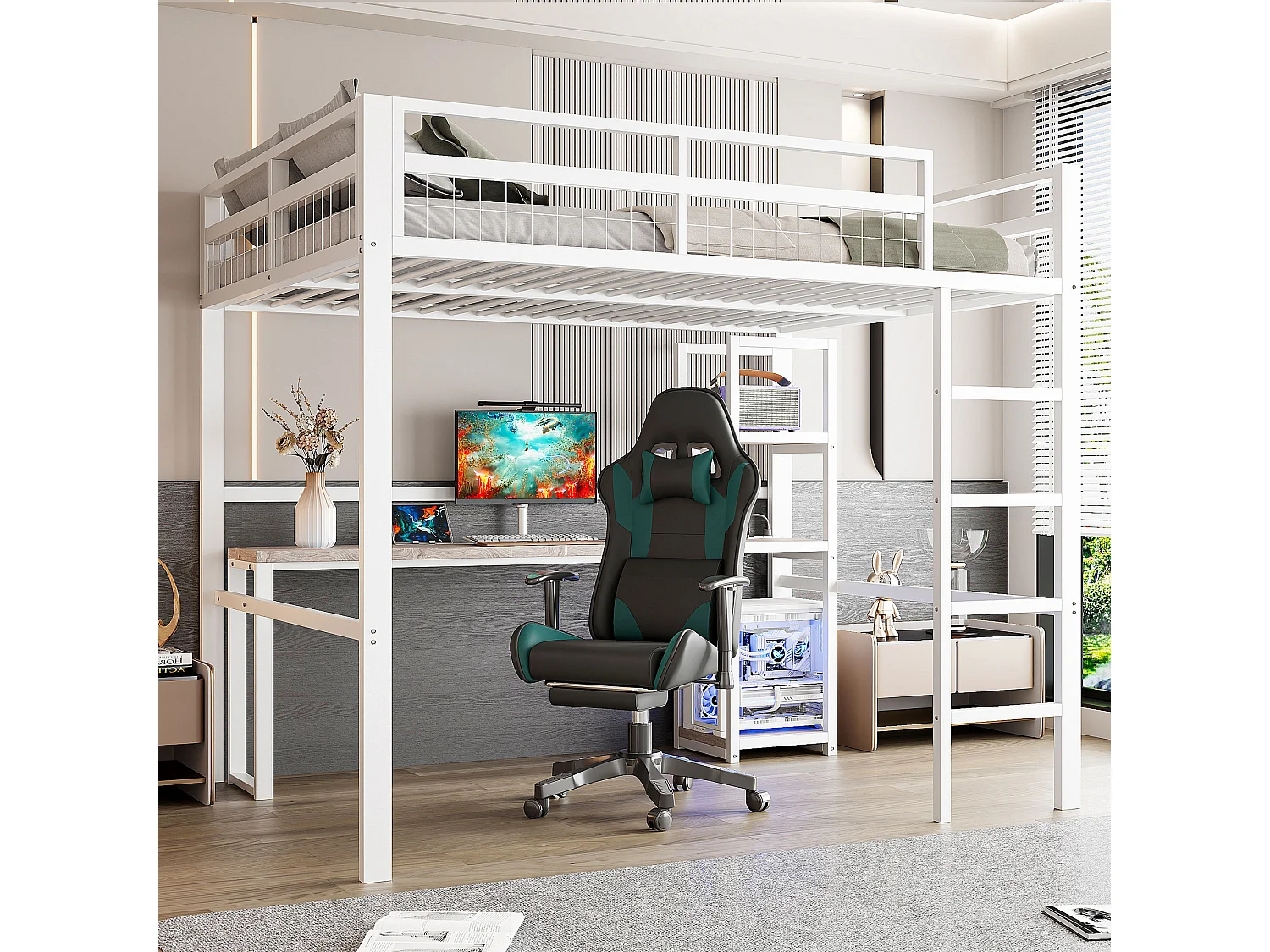 Cama alta de 140x200 cm con escritorio, estantes, toma USB tipo C, estructura de metal, color blanco (204x144x180 cm)