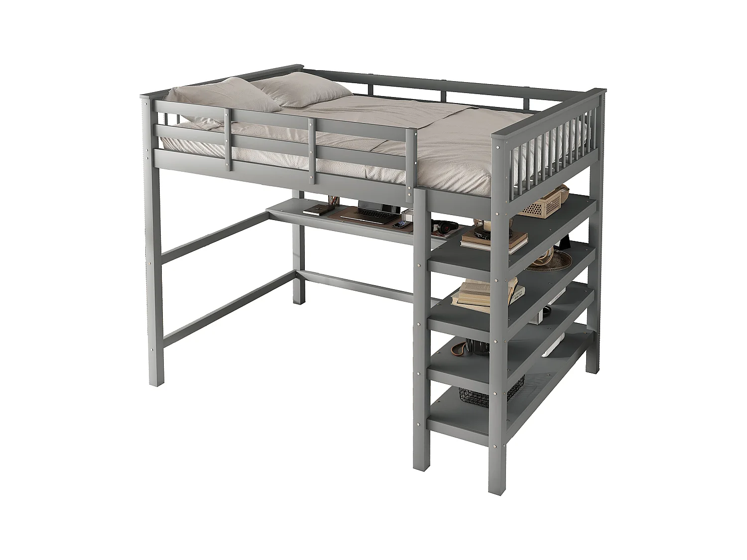 Hoogslaper 140x200 cm, Kinderbed met planken en geïntegreerd bureau, Zonder matras, Dennenhout, Grijs (207x149x169,5 cm)