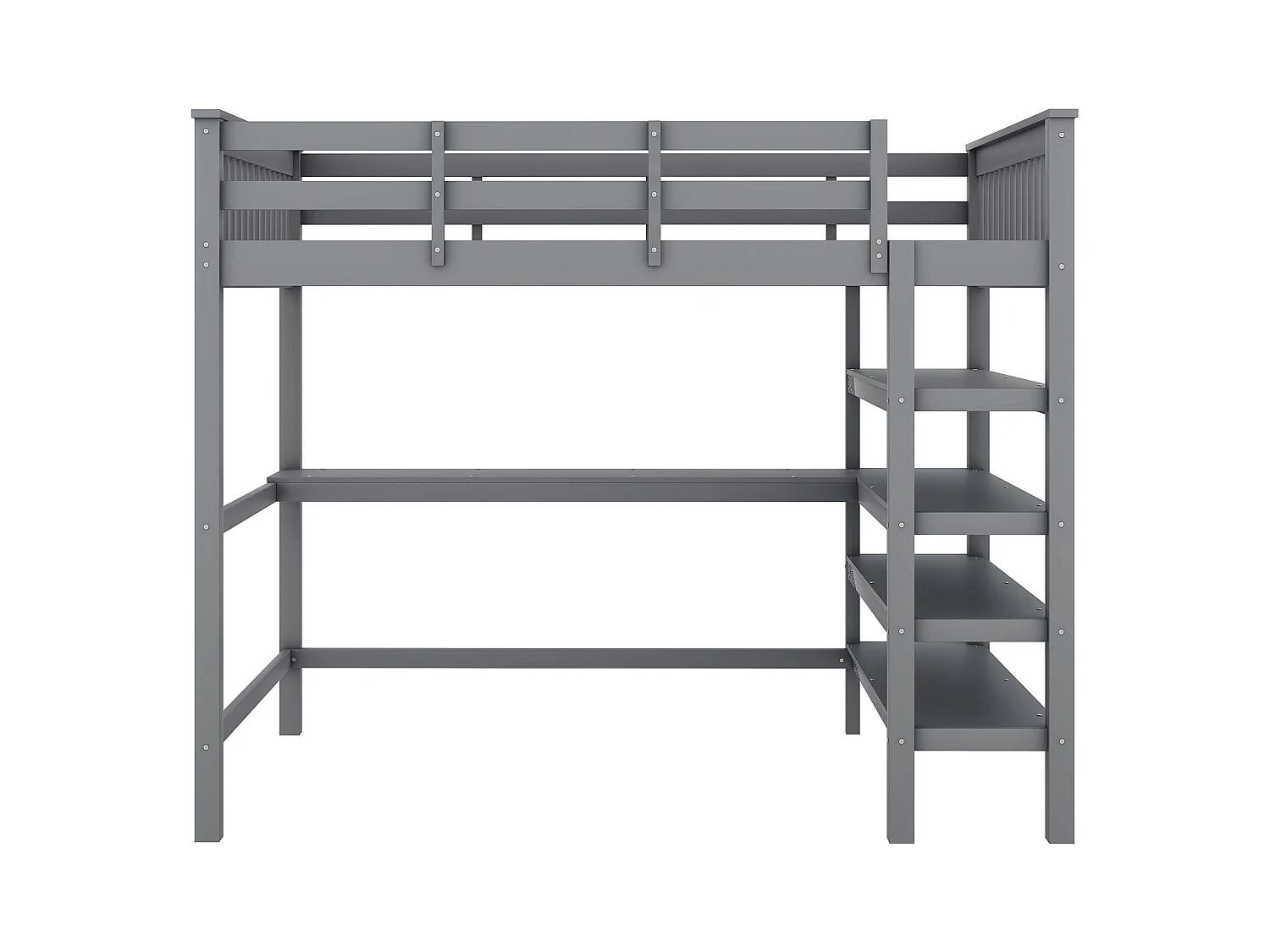 Hoogslaper 140x200 cm, Kinderbed met planken en geïntegreerd bureau, Zonder matras, Dennenhout, Grijs (207x149x169,5 cm)
