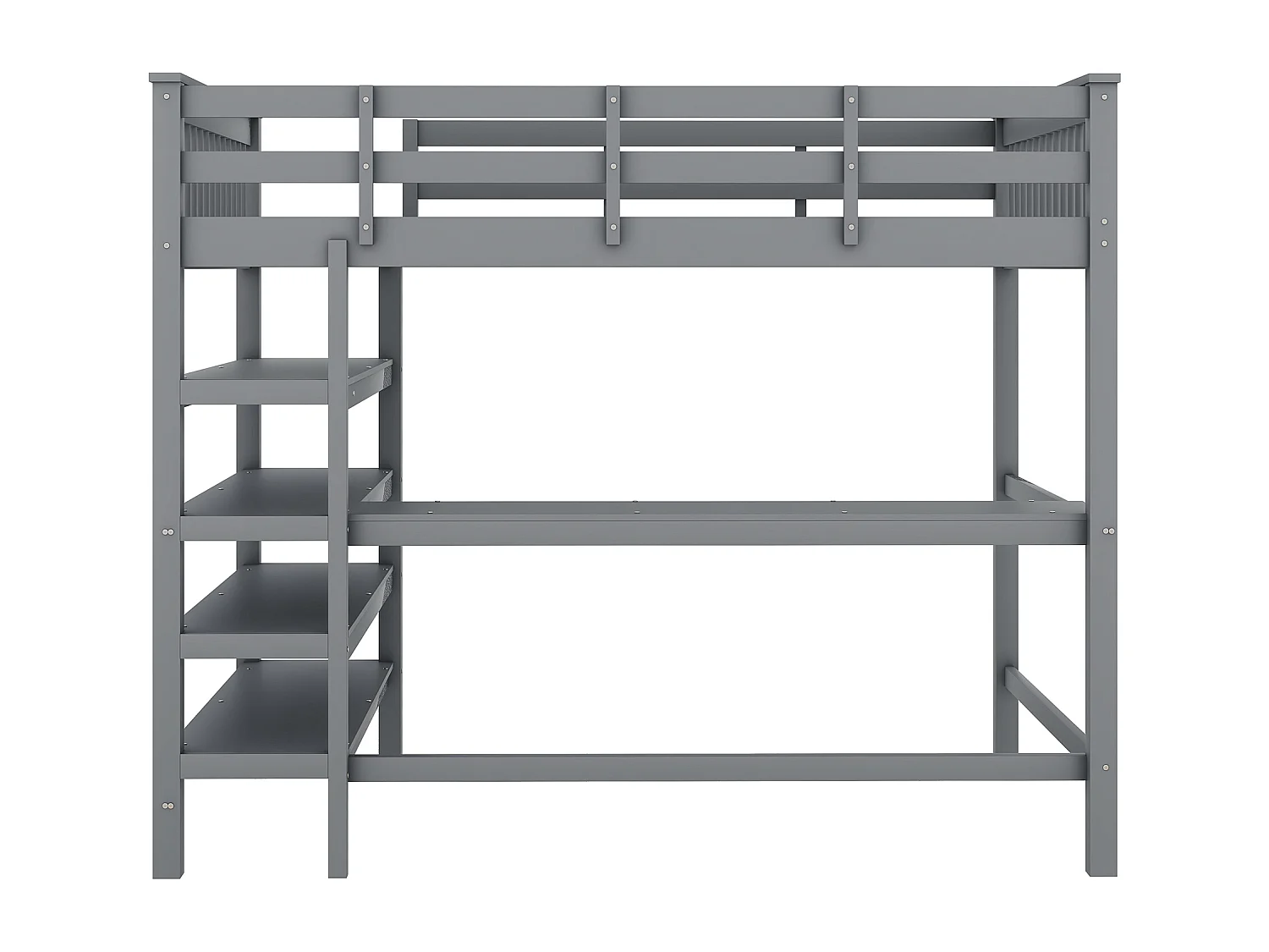 Cama alta 140x200 cm, Cama infantil con estantes y escritorio integrado, Sin colchón, Pino, Gris (207x149x169,5 cm)