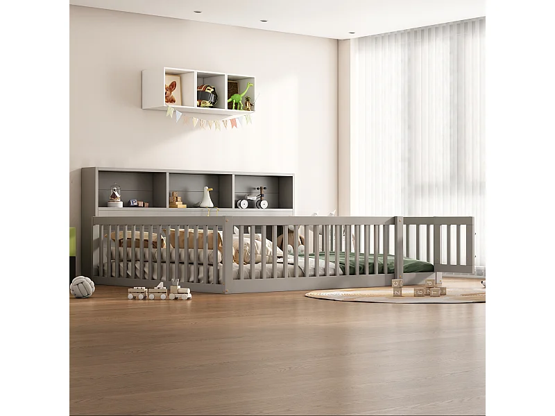 Lit mezzanine 140x200 cm, Lit pour enfants avec étagères et bureau intégré, Sans matelas, Pin, Gris (207x149x169.5 cm)