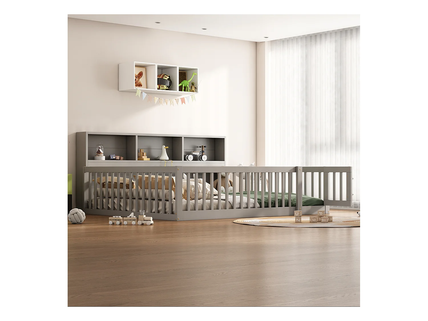 Cama alta 140x200 cm, Cama infantil con estantes y escritorio integrado, Sin colchón, Pino, Gris (207x149x169,5 cm)