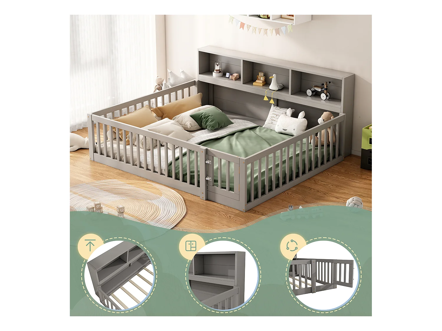 Cama alta 140x200 cm, Cama infantil con estantes y escritorio integrado, Sin colchón, Pino, Gris (207x149x169,5 cm)