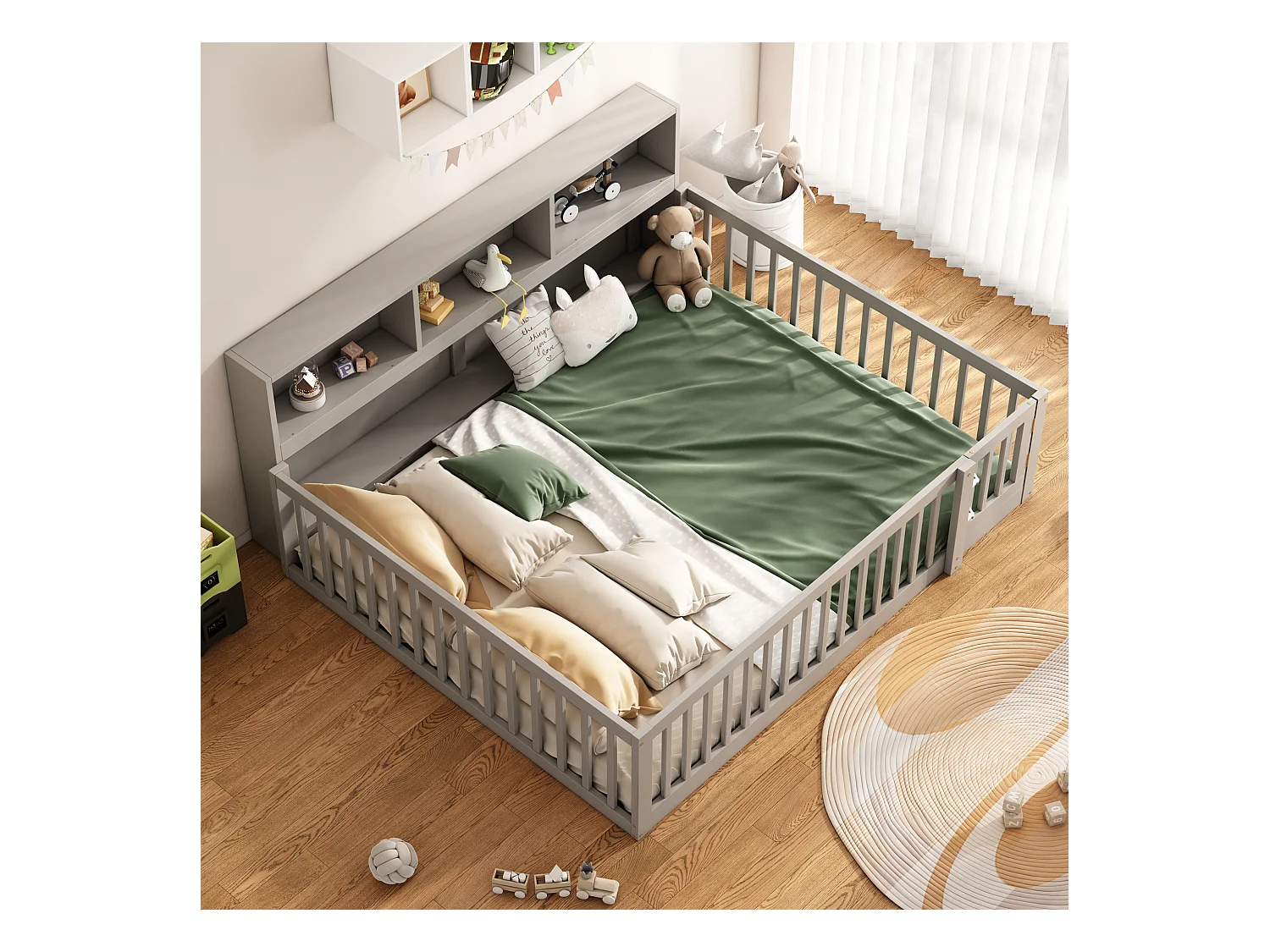 Cama alta 140x200 cm, Cama infantil con estantes y escritorio integrado, Sin colchón, Pino, Gris (207x149x169,5 cm)