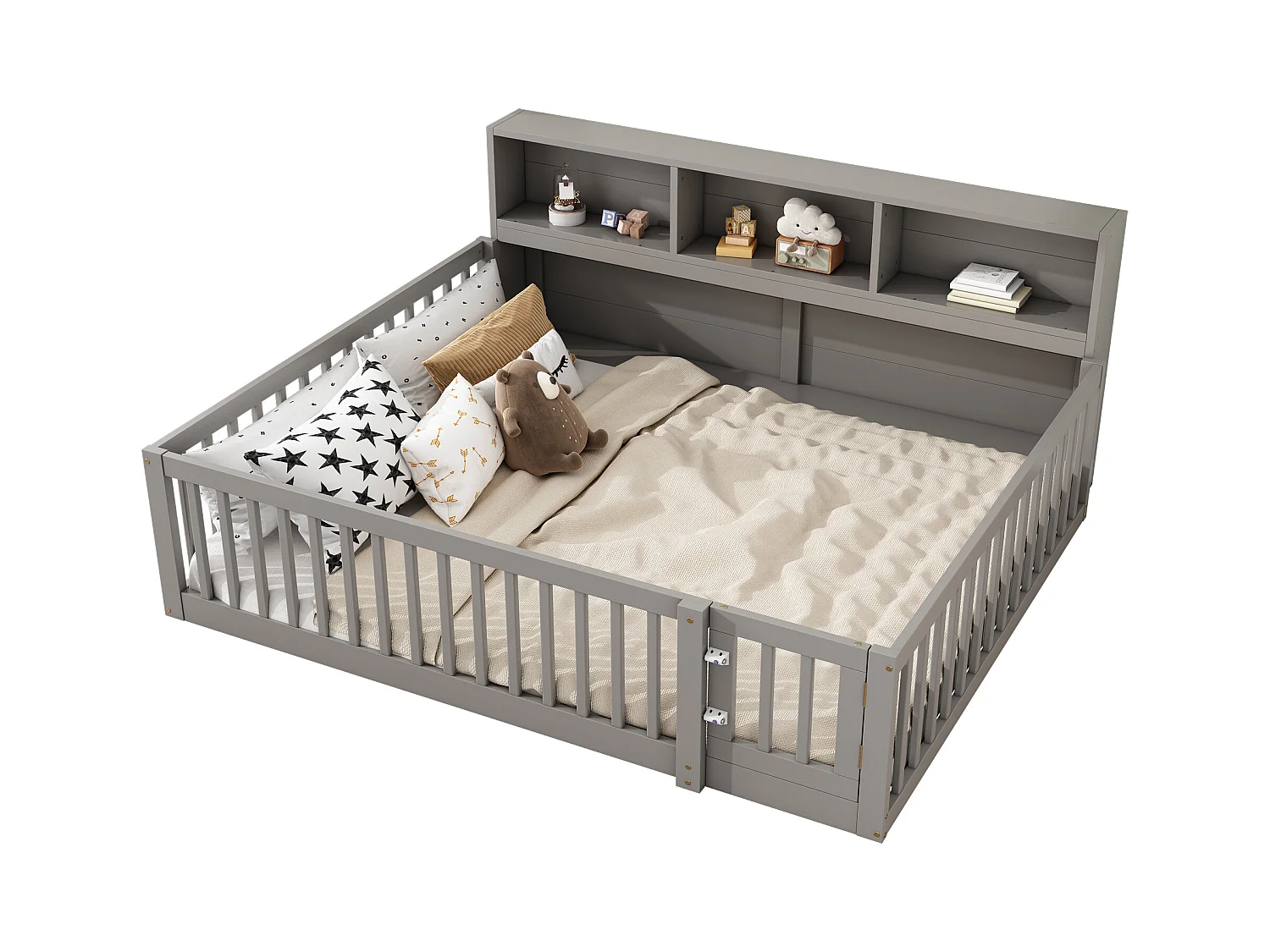 Cama alta 140x200 cm, Cama infantil con estantes y escritorio integrado, Sin colchón, Pino, Gris (207x149x169,5 cm)