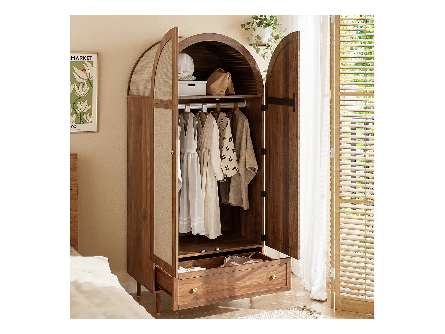 Armoire 79x50x175cm - 2 portes et 1 tiroir - aspect noyer - MDF - Marron