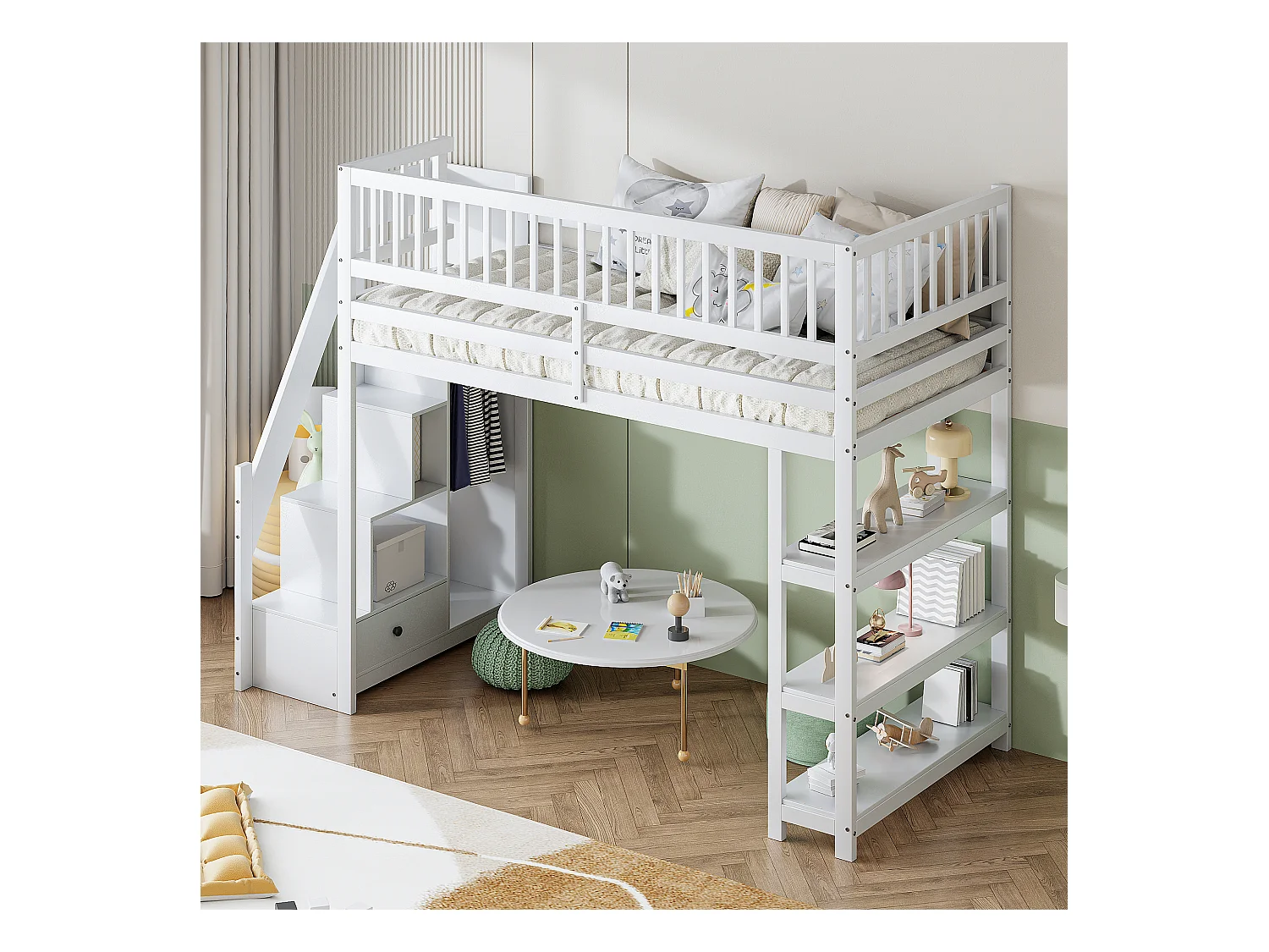 Lit mezzanine multifonction 90x200cm avec armoire, étagères, rangement, escalier sécurisé, bois massif blanc (245.5x101x159.5 cm)