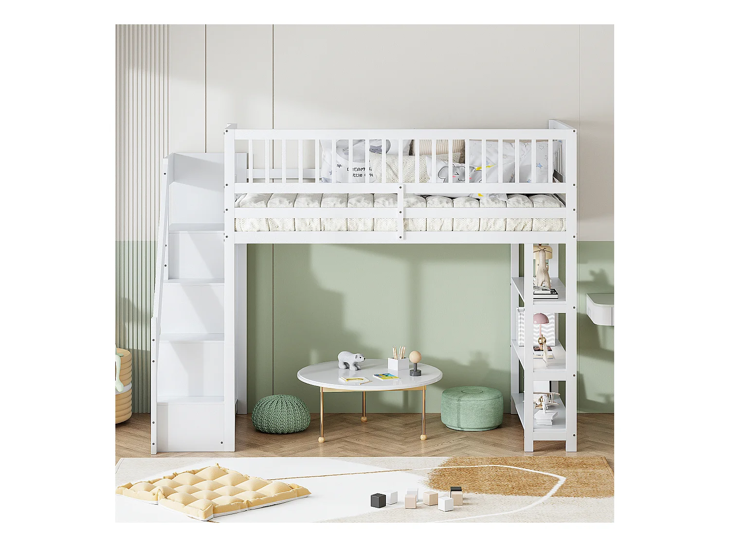 Lit mezzanine multifonction 90x200cm avec armoire, étagères, rangement, escalier sécurisé, bois massif blanc (245.5x101x159.5 cm)