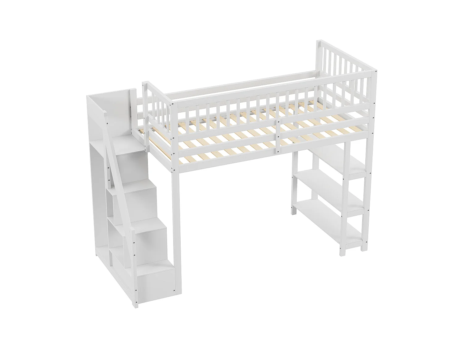 Lit mezzanine multifonction 90x200cm avec armoire, étagères, rangement, escalier sécurisé, bois massif blanc (245.5x101x159.5 cm)