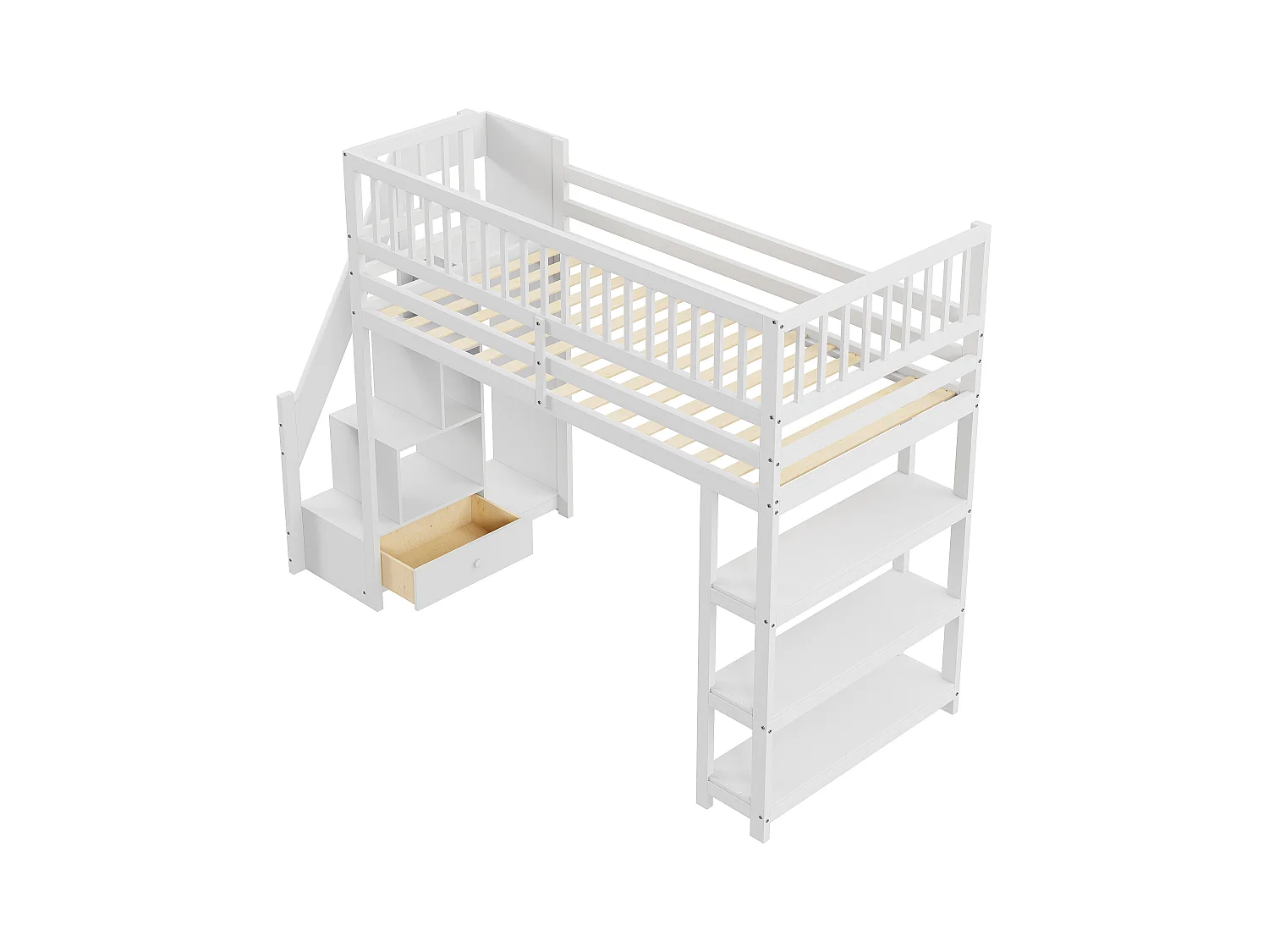 Lit mezzanine multifonction 90x200cm avec armoire, étagères, rangement, escalier sécurisé, bois massif blanc (245.5x101x159.5 cm)