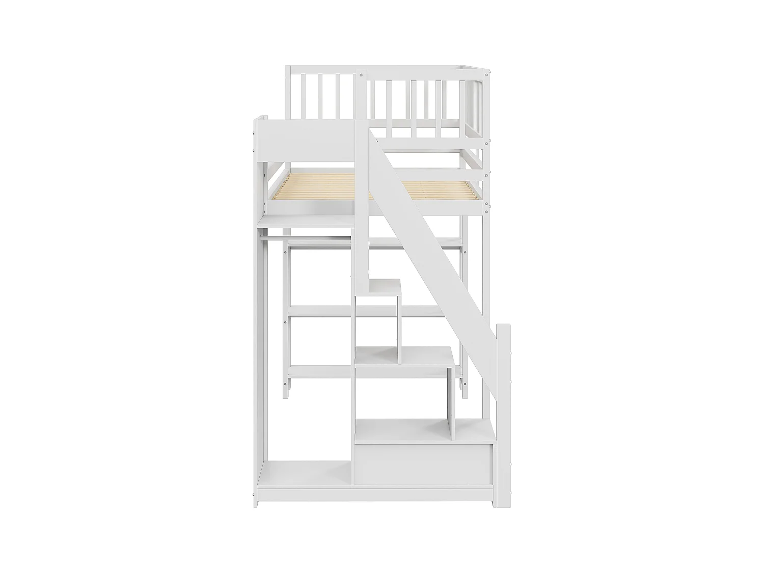 Lit mezzanine multifonction 90x200cm avec armoire, étagères, rangement, escalier sécurisé, bois massif blanc (245.5x101x159.5 cm)