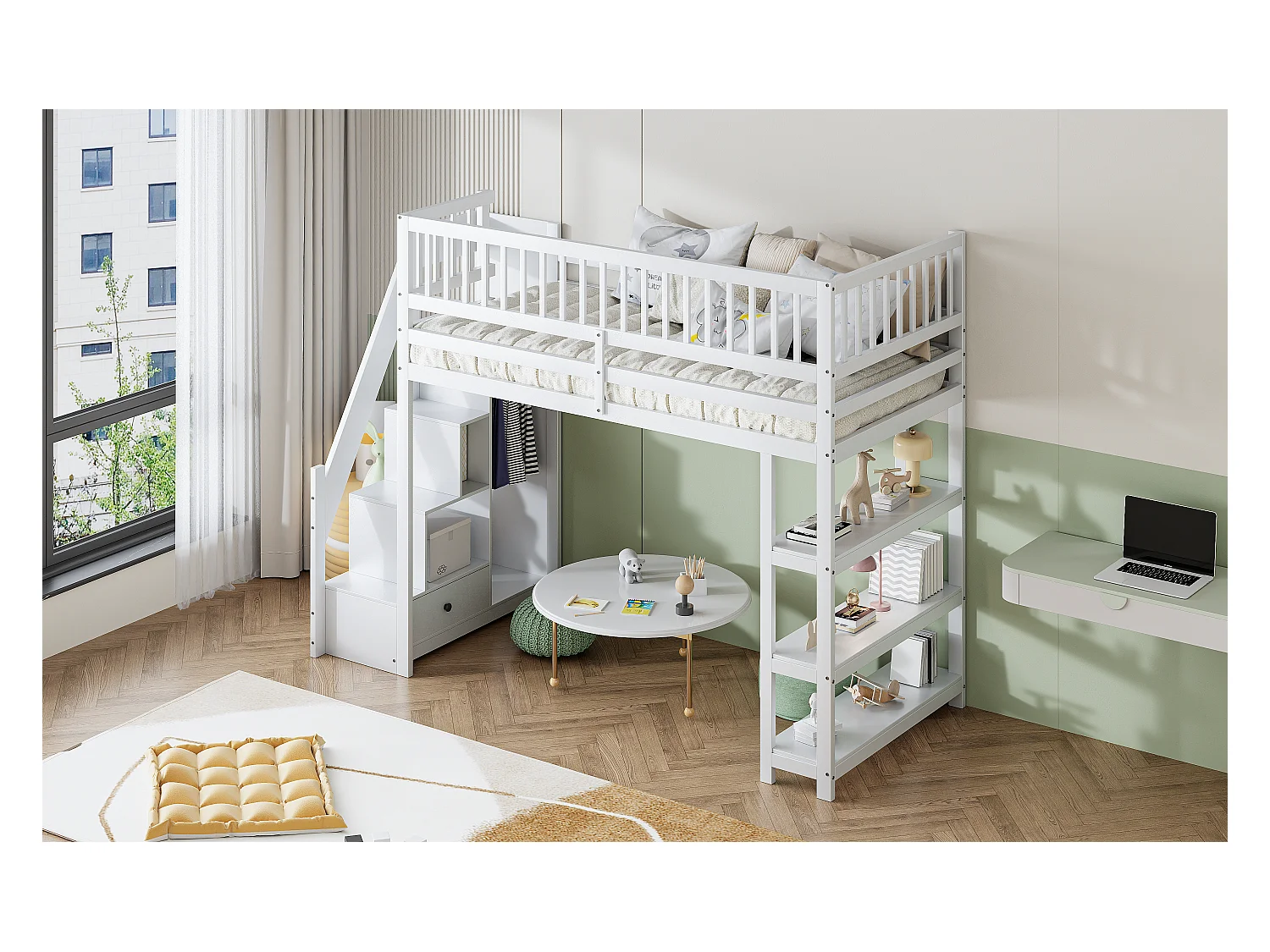 Lit mezzanine multifonction 90x200cm avec armoire, étagères, rangement, escalier sécurisé, bois massif blanc (245.5x101x159.5 cm)