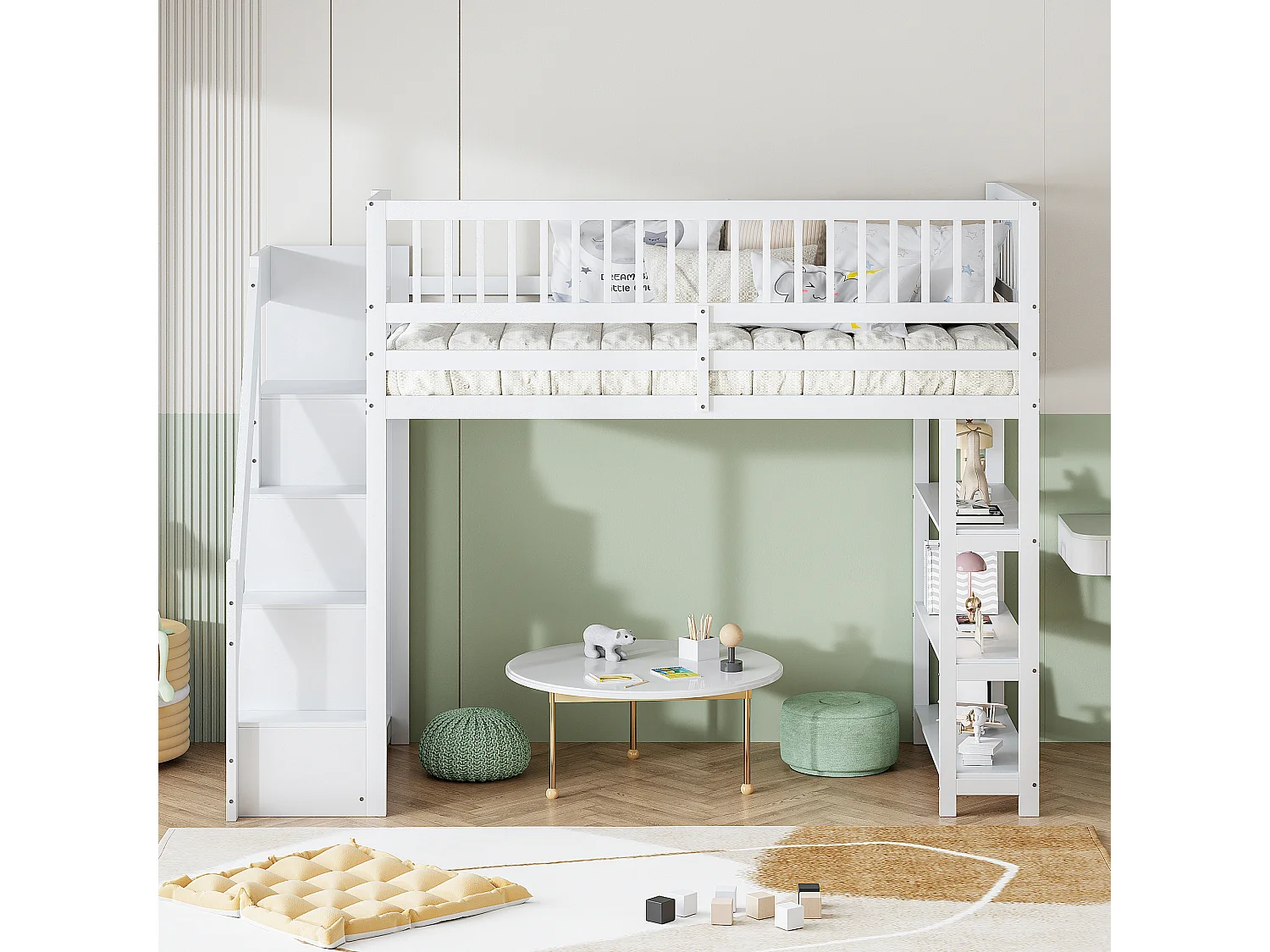 Lit mezzanine multifonction 90x200cm avec armoire, étagères, rangement, escalier sécurisé, bois massif blanc (245.5x101x159.5 cm)