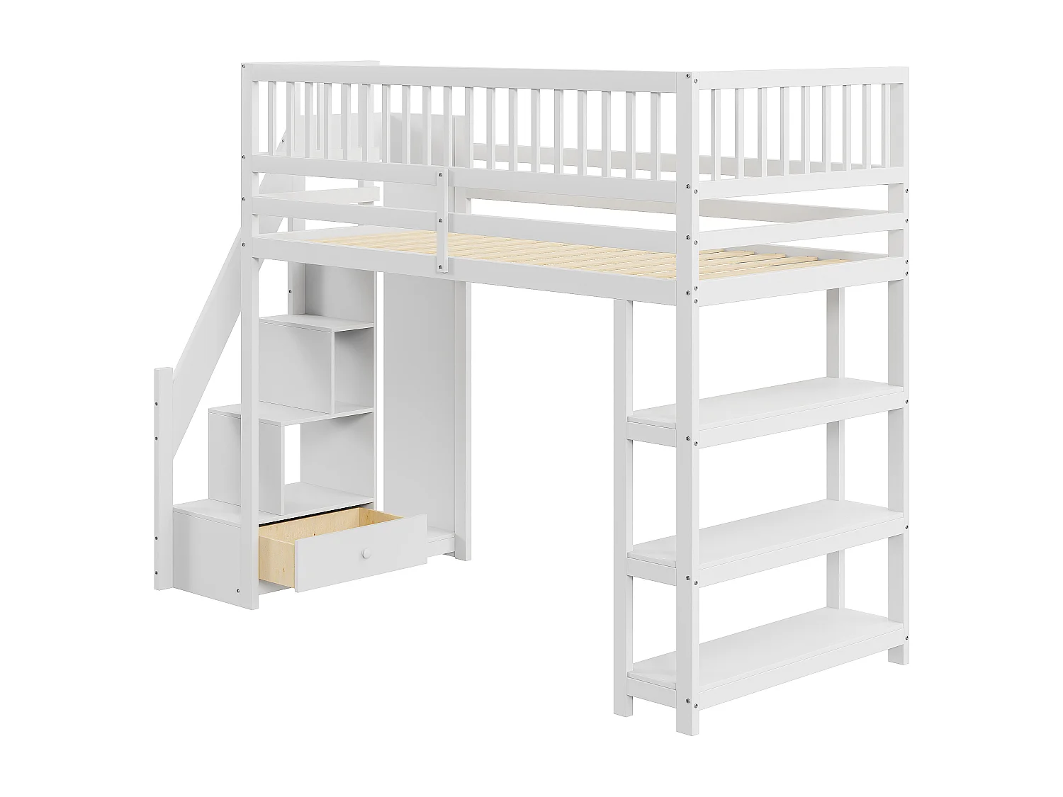 Lit mezzanine multifonction 90x200cm avec armoire, étagères, rangement, escalier sécurisé, bois massif blanc (245.5x101x159.5 cm)