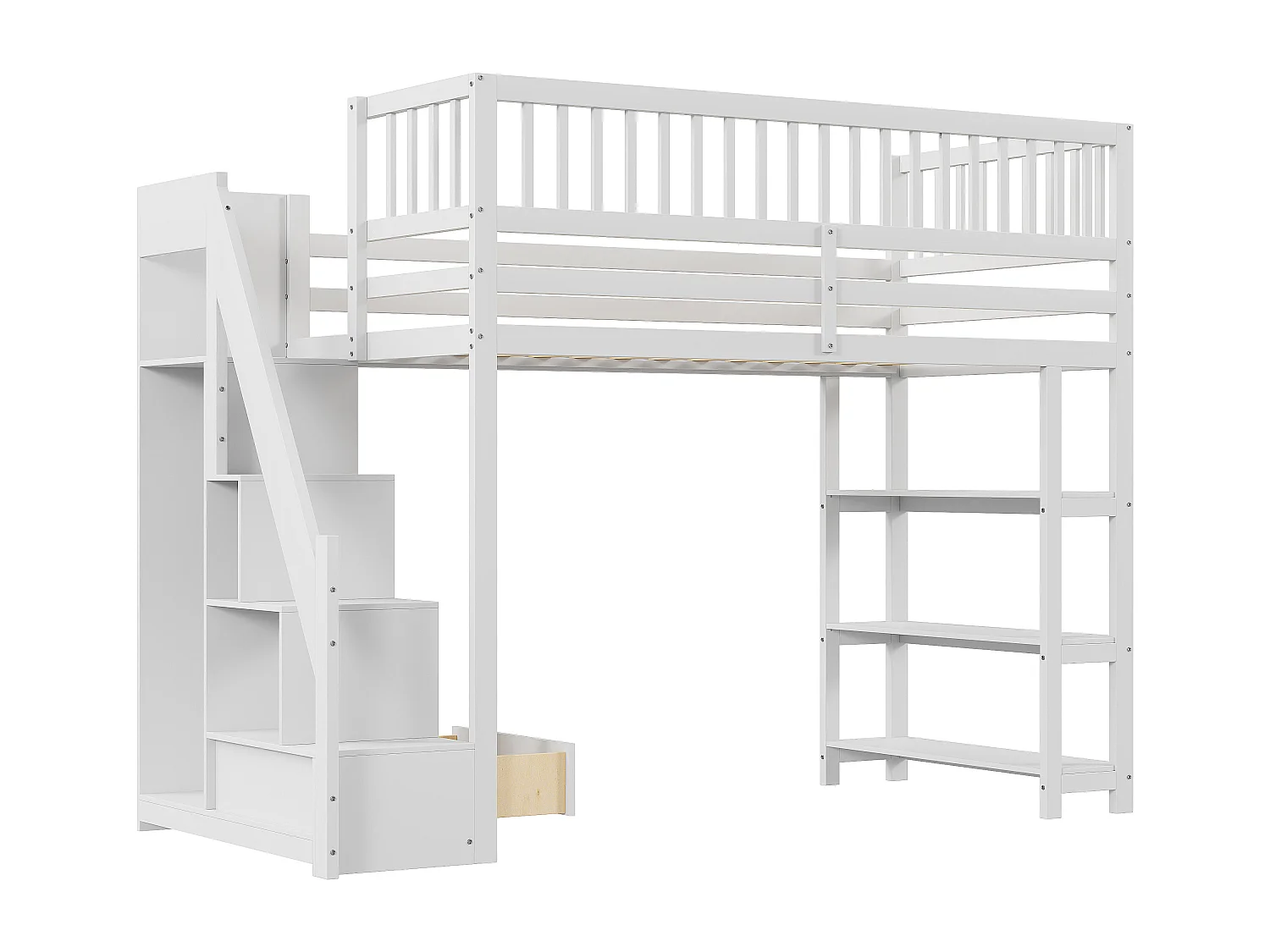 Lit mezzanine multifonction 90x200cm avec armoire, étagères, rangement, escalier sécurisé, bois massif blanc (245.5x101x159.5 cm)