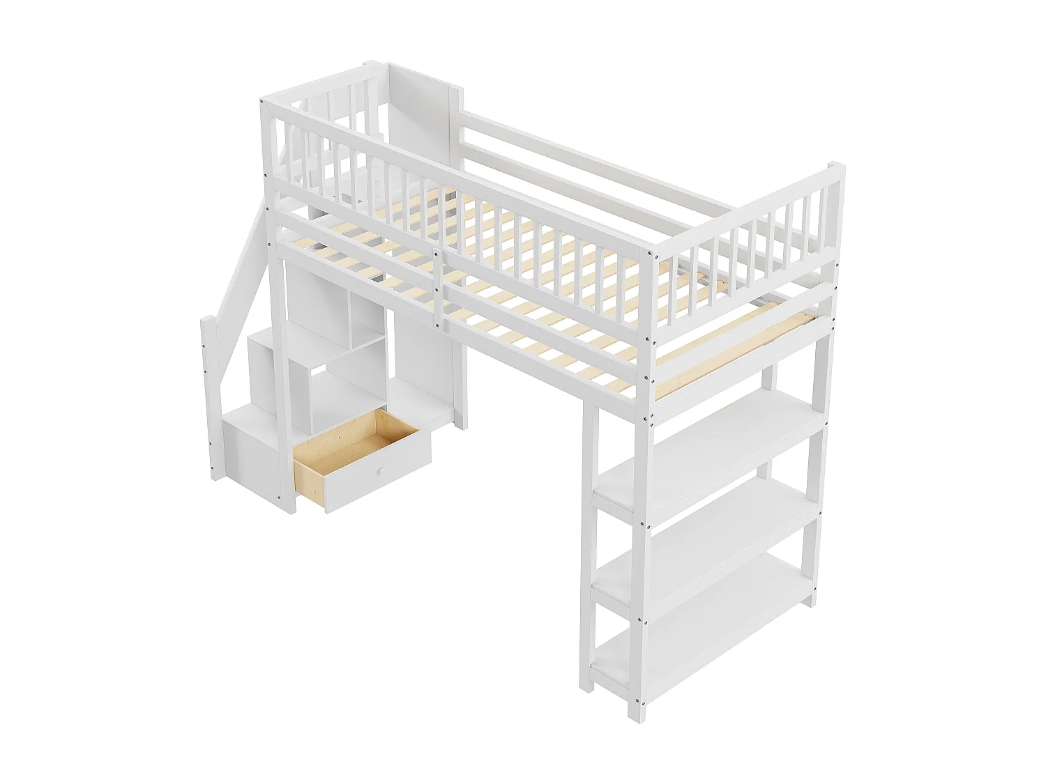 Lit mezzanine multifonction 90x200cm avec armoire, étagères, rangement, escalier sécurisé, bois massif blanc (245.5x101x159.5 cm)