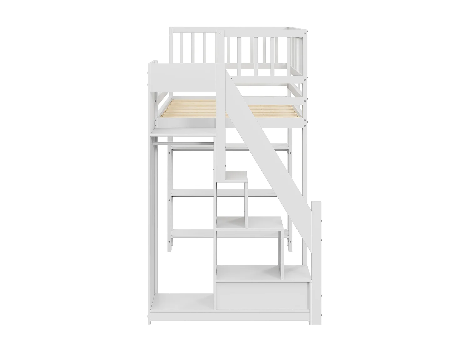Lit mezzanine multifonction 90x200cm avec armoire, étagères, rangement, escalier sécurisé, bois massif blanc (245.5x101x159.5 cm)